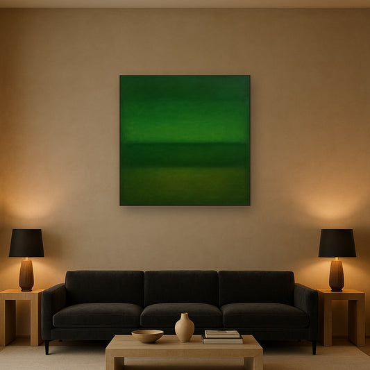Forest Emerald & Deep Moss Contemplative Field No. 11 Oil Painting Staged Above Sectional Sofa in Living Room, Hand Painted Canvas Wall Art for Home Decor