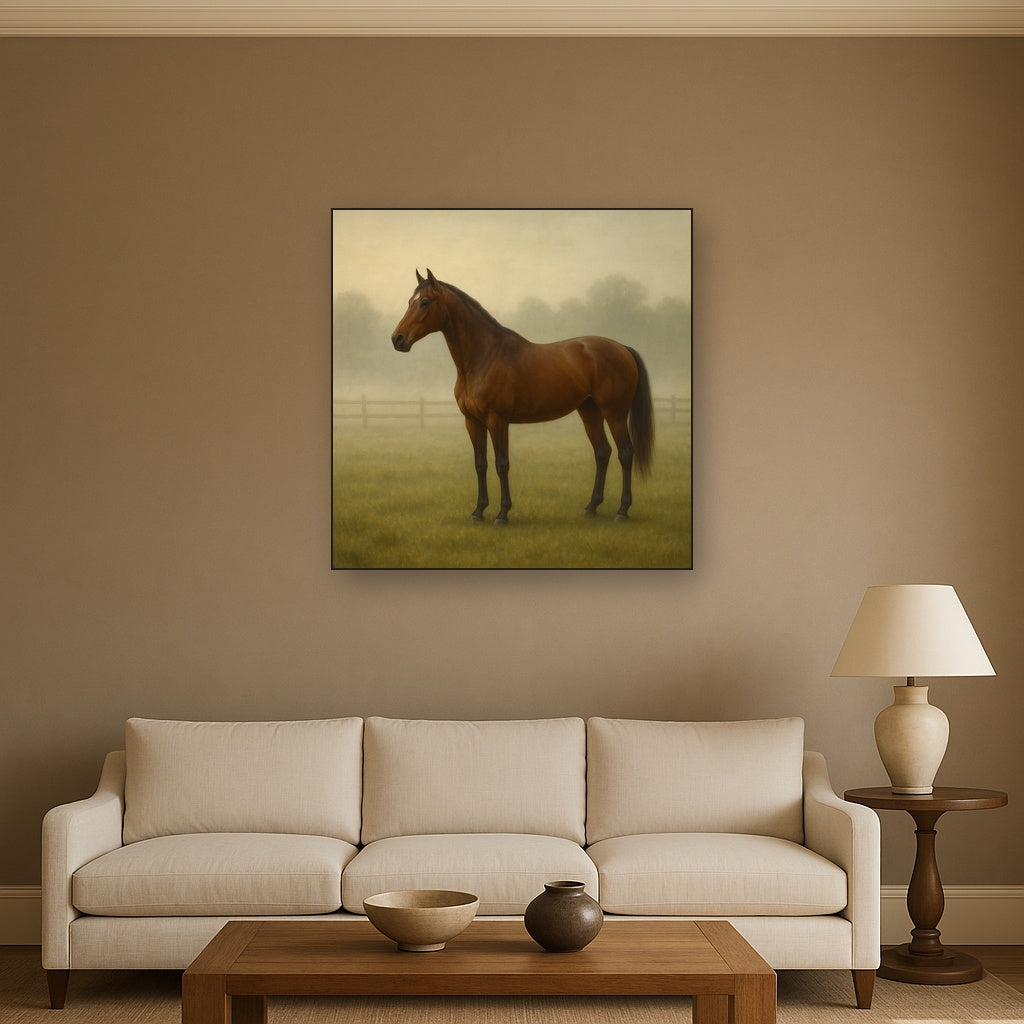 Thoroughbred in Morning Pasture Mist No. 8 Oil Painting Staged Above Sectional Sofa in Living Room, Hand Painted Canvas Wall Art for Home Decor