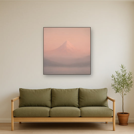 Pale Alpenglow over Distant Glacial Peak No. 3 Oil Painting Staged Above Sectional Sofa in Living Room, Hand Painted Canvas Wall Art for Home Decor