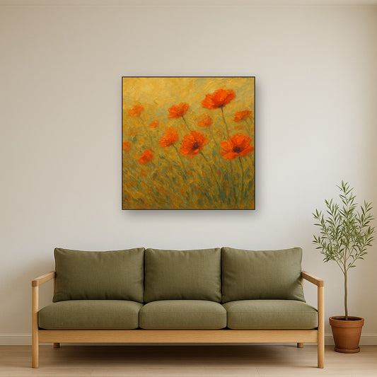 Meadow Poppies in Warm Ochre Oil Painting - View 2