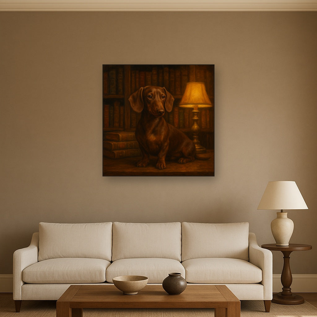 Smooth Dachshund in Moody Library Study No. 5 Fine Art Oil Painting - View 2