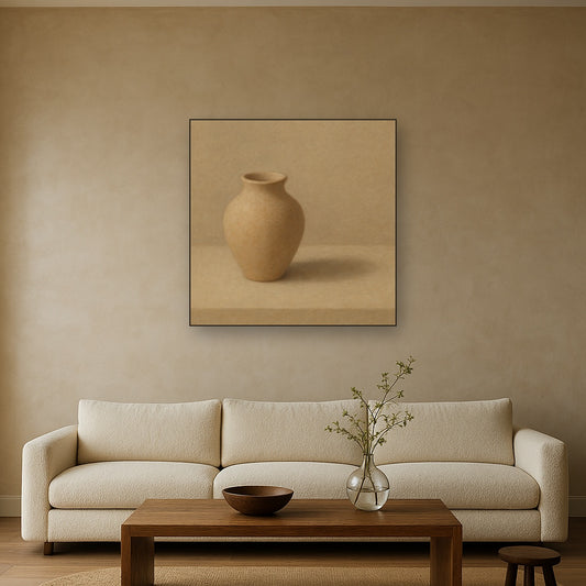 Organic Clay Vessel & Solitary Shadow No. 3 Oil Painting Staged Above Sectional Sofa in Living Room, Hand Painted Canvas Wall Art for Home Decor