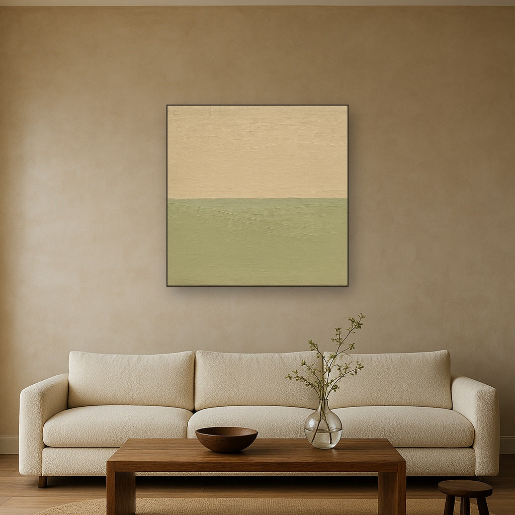 Muted Horizon Calm Japandi Oil Painting - Styled in Modern Living Room