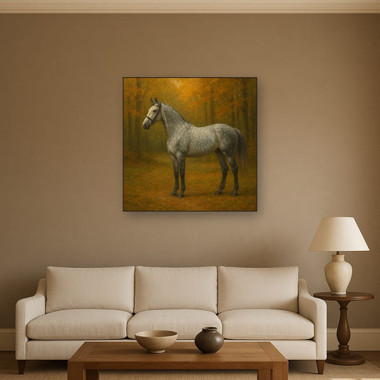 Dappled Grey Hunter in Autumn Woodland No. 20 Oil Painting Staged Above Sectional Sofa in Living Room, Hand Painted Canvas Wall Art for Home Decor