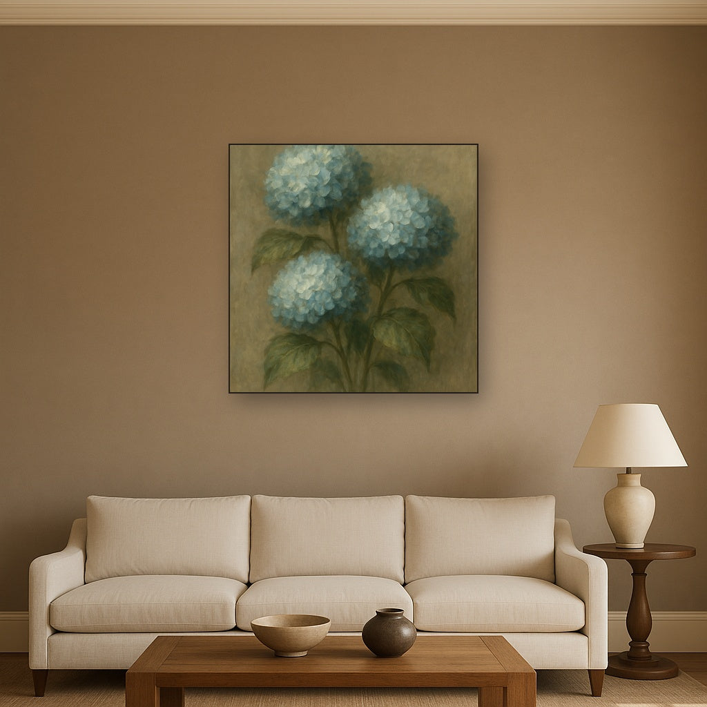 Hydrangea Trio in Dusty Blue & Antiqued Sage No. 12 Fine Art Oil Painting - View 2