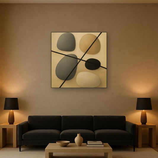 Organic Pebble Contours & Slanted Lines No. 20 Oil Painting Staged Above Sectional Sofa in Living Room, Hand Painted Canvas Wall Art for Home Decor