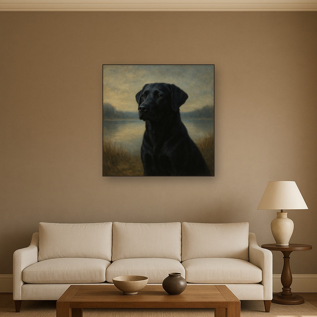 Black Labrador Retriever by Misty Lake Horizon No. 3 Fine Art Oil Painting - View 2