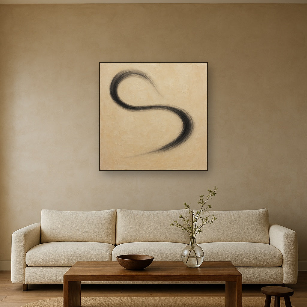 Subtle Linear Flow Minimalist Oil Painting - Styled in Modern Living Room