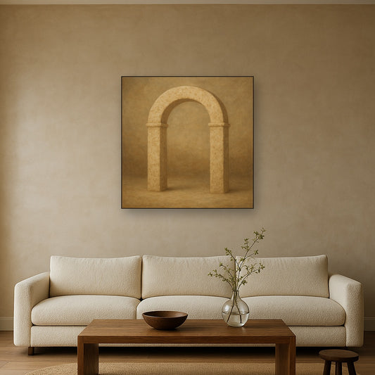 Travertine Stone Arch & Earth Tones No. 8 Oil Painting Staged Above Sectional Sofa in Living Room, Hand Painted Canvas Wall Art for Home Decor