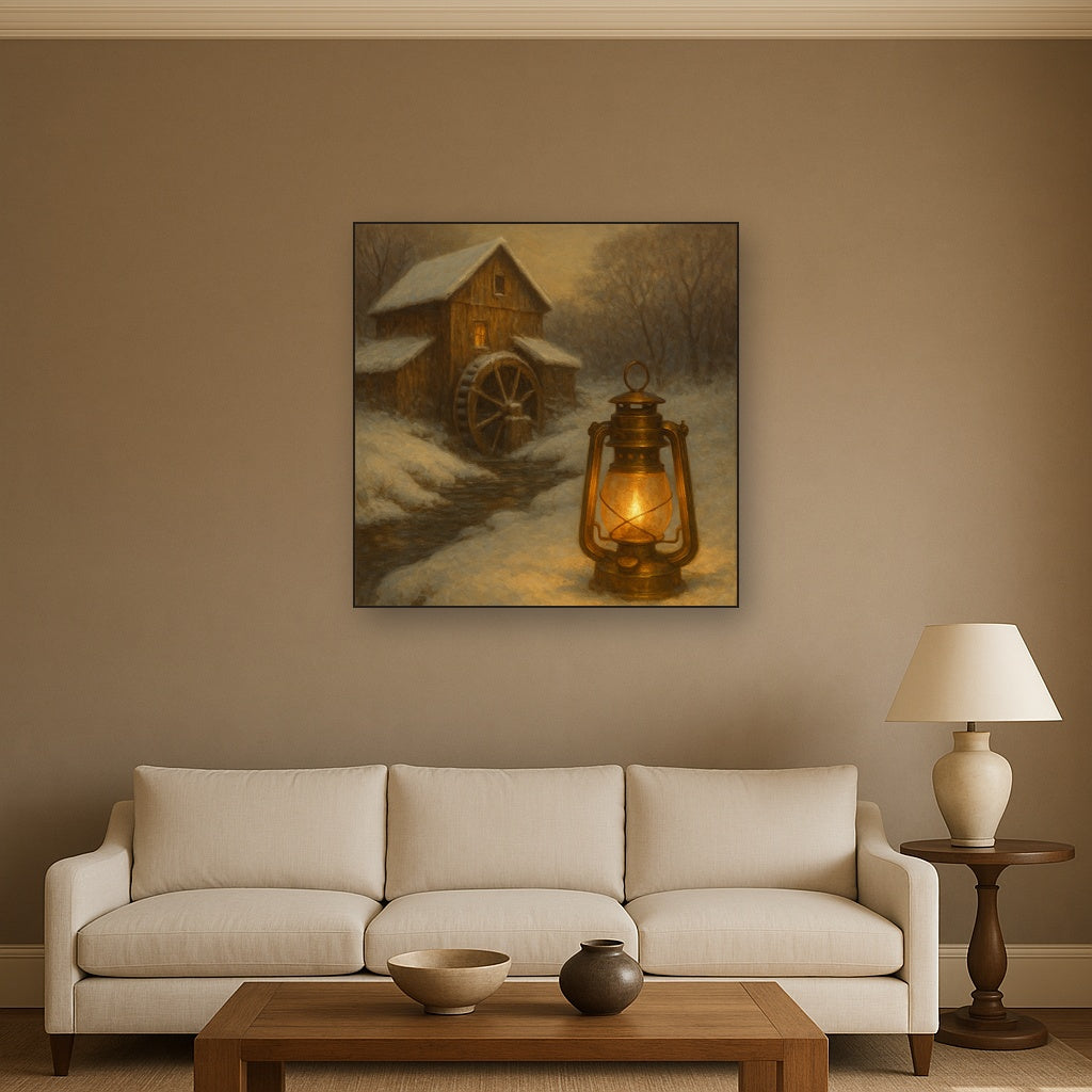 Snowy Mill Stream & Glowing Lantern No. 5 Oil Painting - View 2