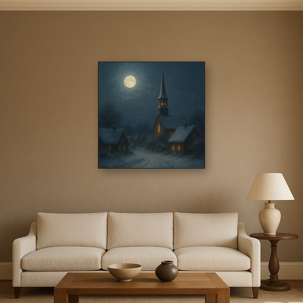 Moonlight Over Snowy Village Steeple No. 10 Oil Painting - View 2