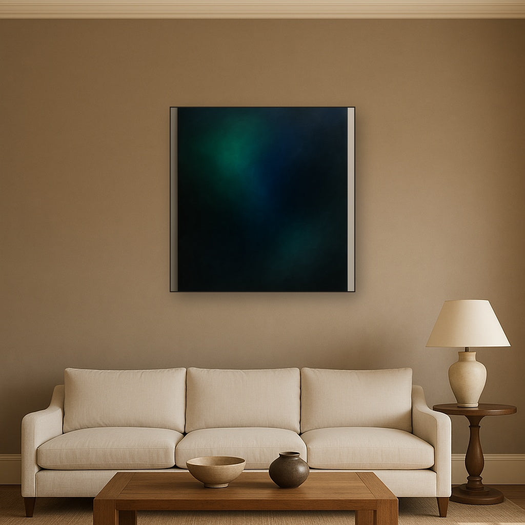 Emerald & Midnight Sapphire Sfumato Immersion No. 8 Oil Painting Staged Above Sectional Sofa in Living Room, Hand Painted Canvas Wall Art for Home Decor