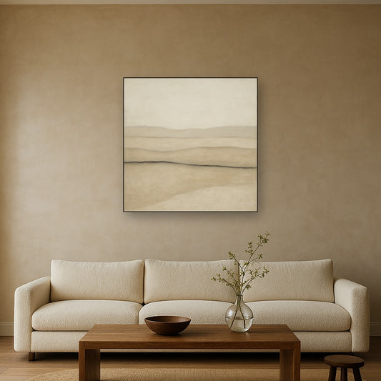 Raw Limestone Horizon & Washed Linen No. 26 Oil Painting Staged Above Sectional Sofa in Living Room, Hand Painted Canvas Wall Art for Home Decor