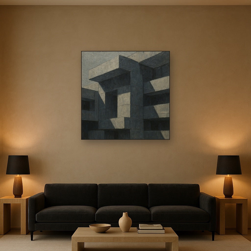 Brutalist Shadow Facade Geometric Oil Painting - View 2