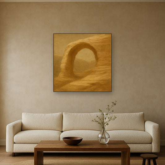Travertine Stone Arch & Earth Tones No. 30 Oil Painting Staged Above Sectional Sofa in Living Room, Hand Painted Canvas Wall Art for Home Decor