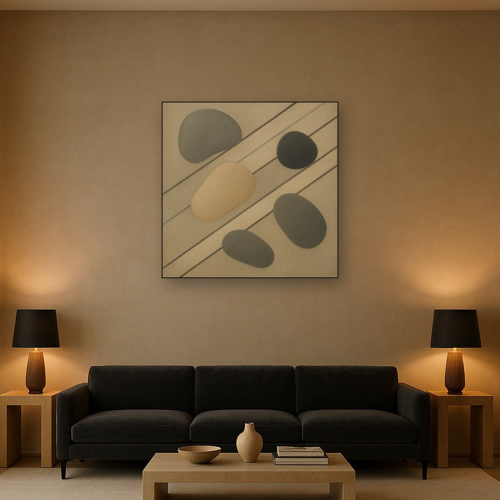 Organic Pebble Contours & Slanted Lines No. 12 Oil Painting Staged Above Sectional Sofa in Living Room, Hand Painted Canvas Wall Art for Home Decor