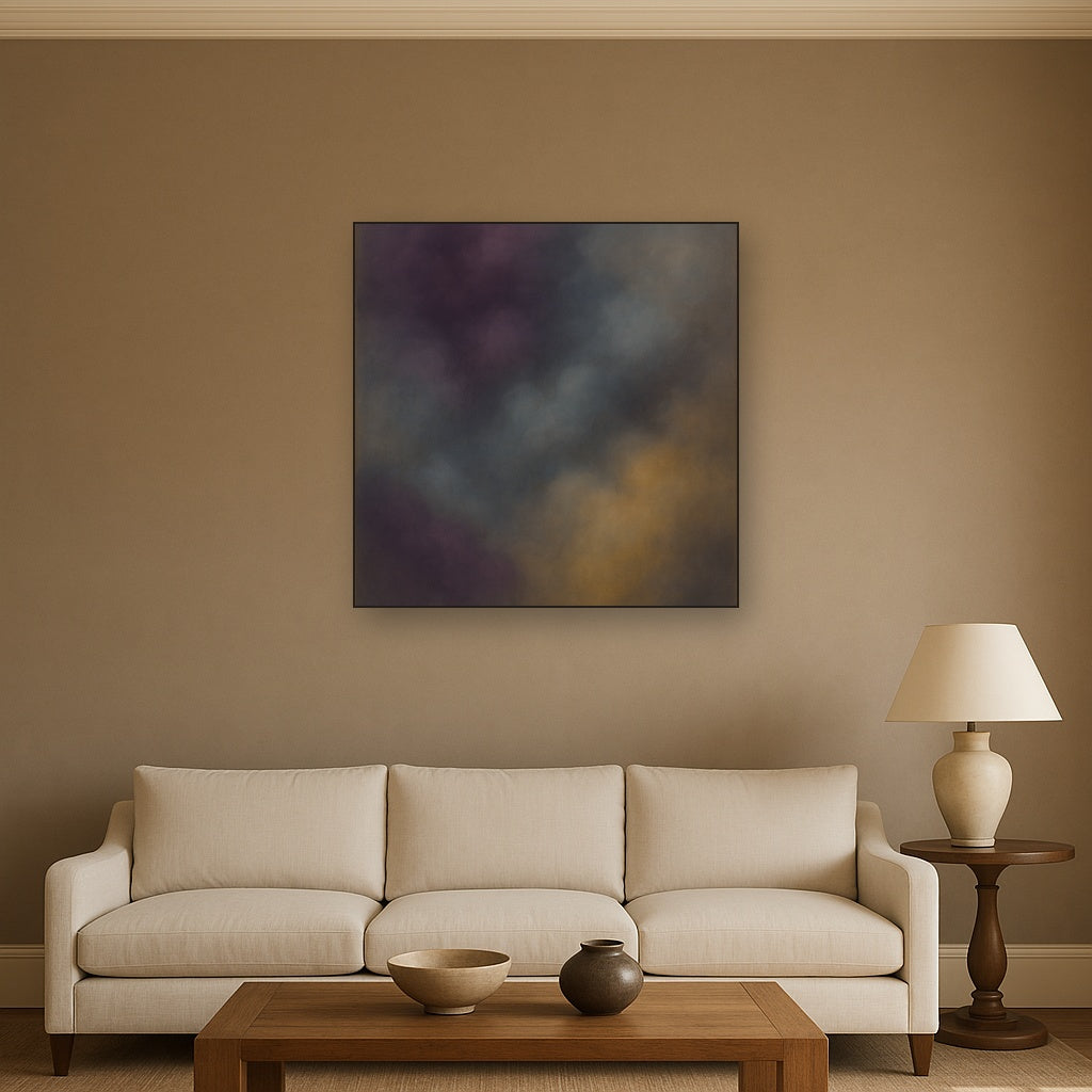 Gilded Plum & Soft Smoke Cloud Harmony No. 20 Oil Painting Staged Above Sectional Sofa in Living Room, Hand Painted Canvas Wall Art for Home Decor