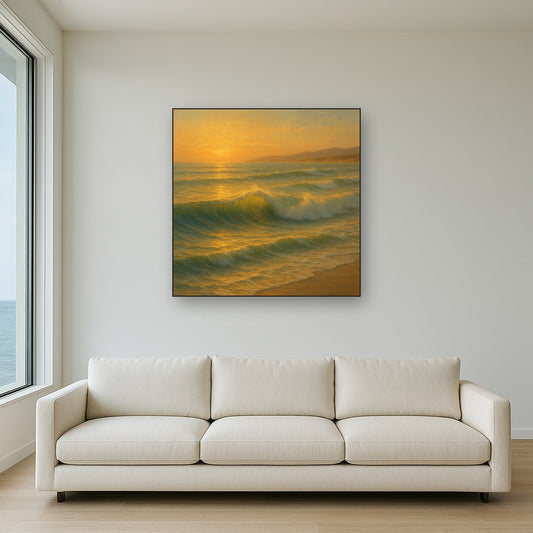 Golden Hour Sunlight on Ocean Swells No. 9 Oil Painting Staged Above Sectional Sofa in Living Room, Hand Painted Canvas Wall Art for Home Decor