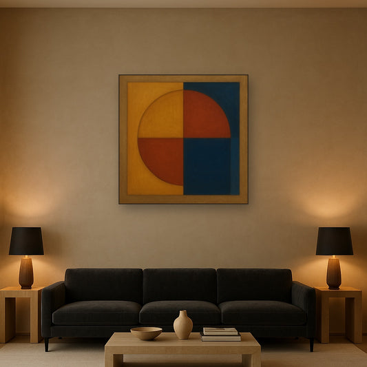 Bauhaus Quadrant Harmony in Primary Earth Tones No. 7 Oil Painting Staged Above Sectional Sofa in Living Room, Hand Painted Canvas Wall Art for Home Decor