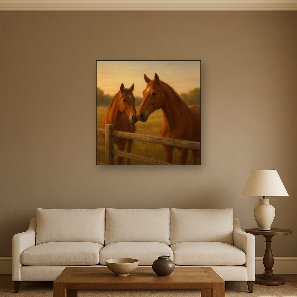 Two Horses at Rustic Post & Rail Fence No. 14 Oil Painting - View 2