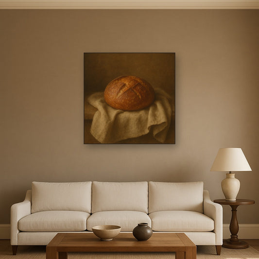 Artisan Sourdough Boule & Linen Drapery No. 4 Oil Painting Staged Above Sectional Sofa in Living Room, Hand Painted Canvas Wall Art for Home Decor