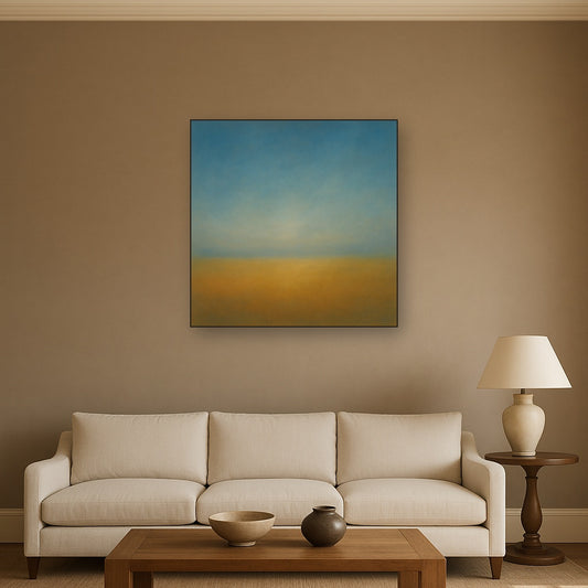 Celestial Azure & Warm Ochre Equilibrium No. 9 Oil Painting Staged Above Sectional Sofa in Living Room, Hand Painted Canvas Wall Art for Home Decor