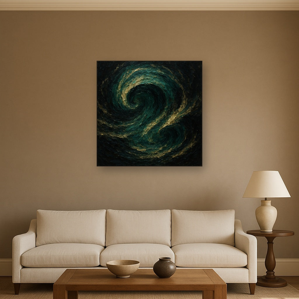 Deep Emerald & Obsidian Swell No. 2 Oil Painting - Styled in Modern Living Room