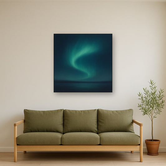 Aurora Borealis Veil in Deep Midnight Indigo No. 20 Oil Painting Staged Above Sectional Sofa in Living Room, Hand Painted Canvas Wall Art for Home Decor