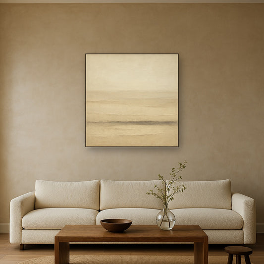 Raw Limestone Horizon & Washed Linen No. 16 Oil Painting Staged Above Sectional Sofa in Living Room, Hand Painted Canvas Wall Art for Home Decor