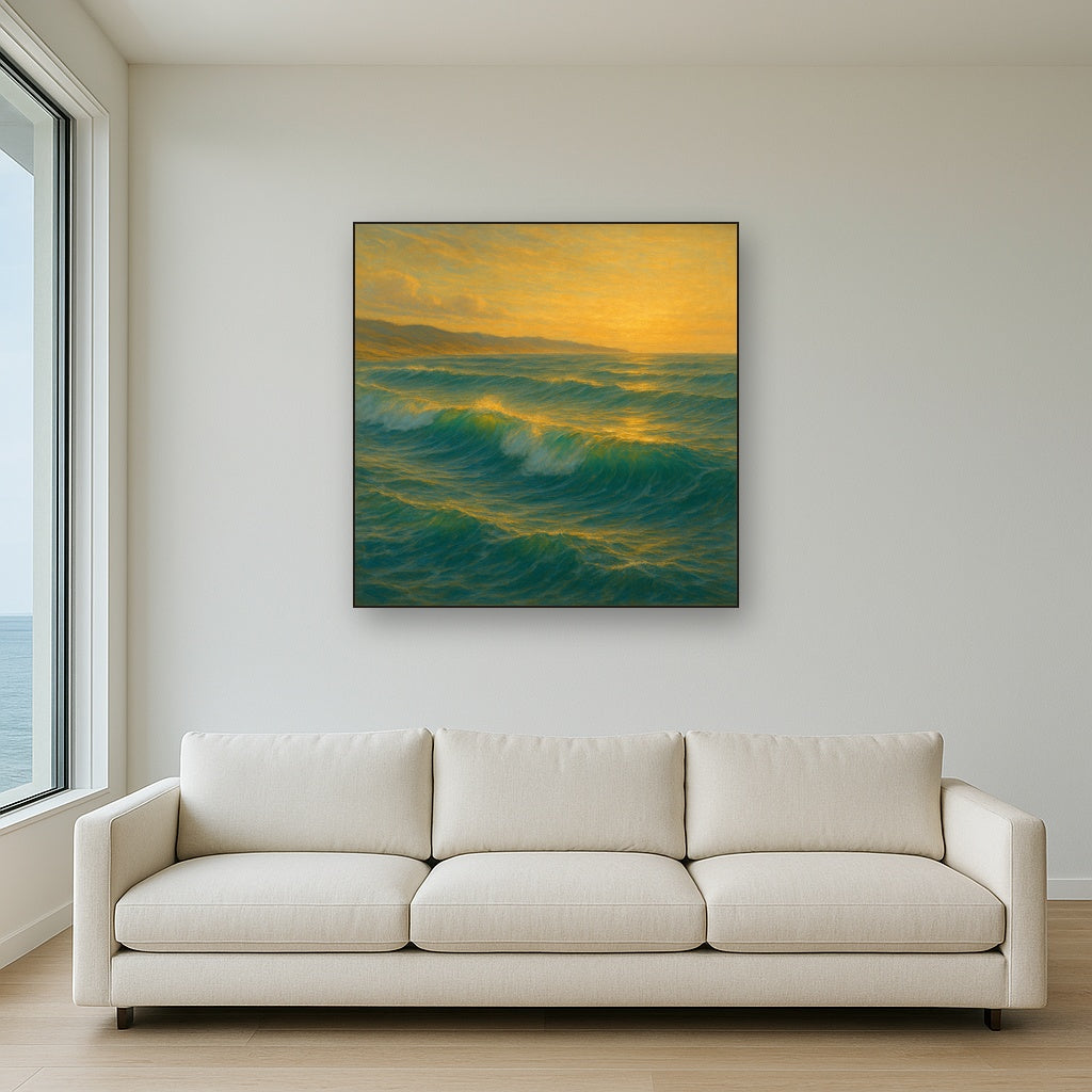 Golden Hour Sunlight on Ocean Swells No. 17 Oil Painting Staged Above Sectional Sofa in Living Room, Hand Painted Canvas Wall Art for Home Decor