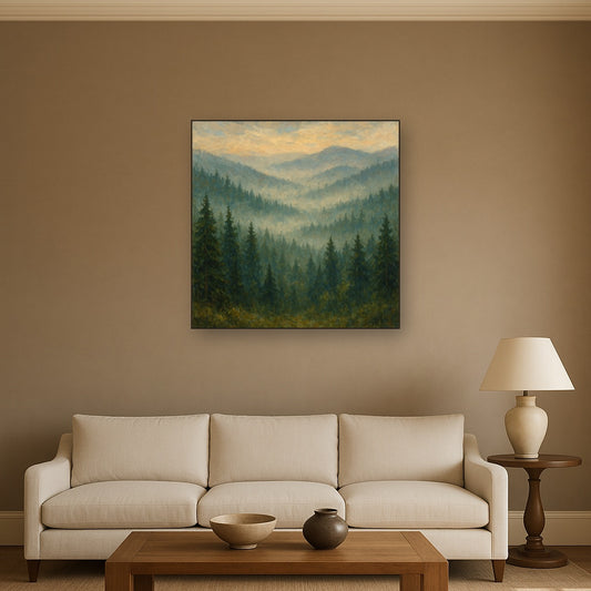 Misty Pine Valley Landscape Oil Painting - Styled in Modern Living Room
