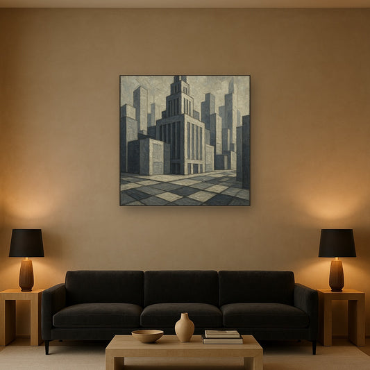 Metropolis Facade Modernist Geometric Oil Painting - View 2