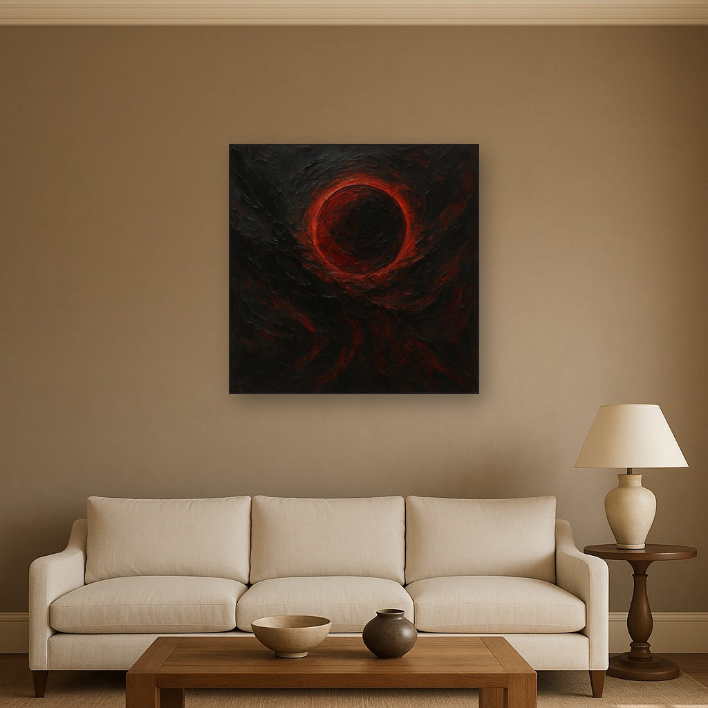 Midnight Onyx & Crimson Eclipse Oil Painting - Styled in Modern Living Room