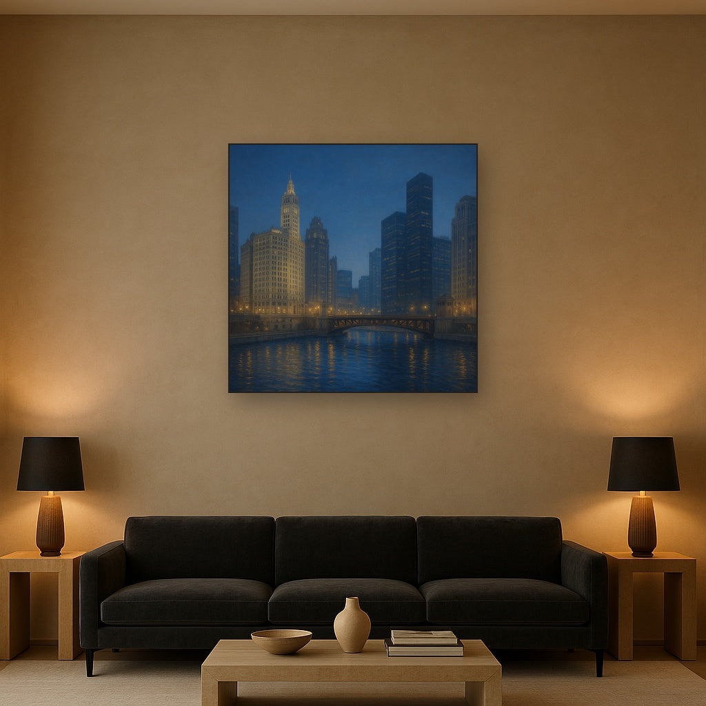 Chicago Riverfront Architecture at Blue Hour No. 3 Oil Painting - View 2