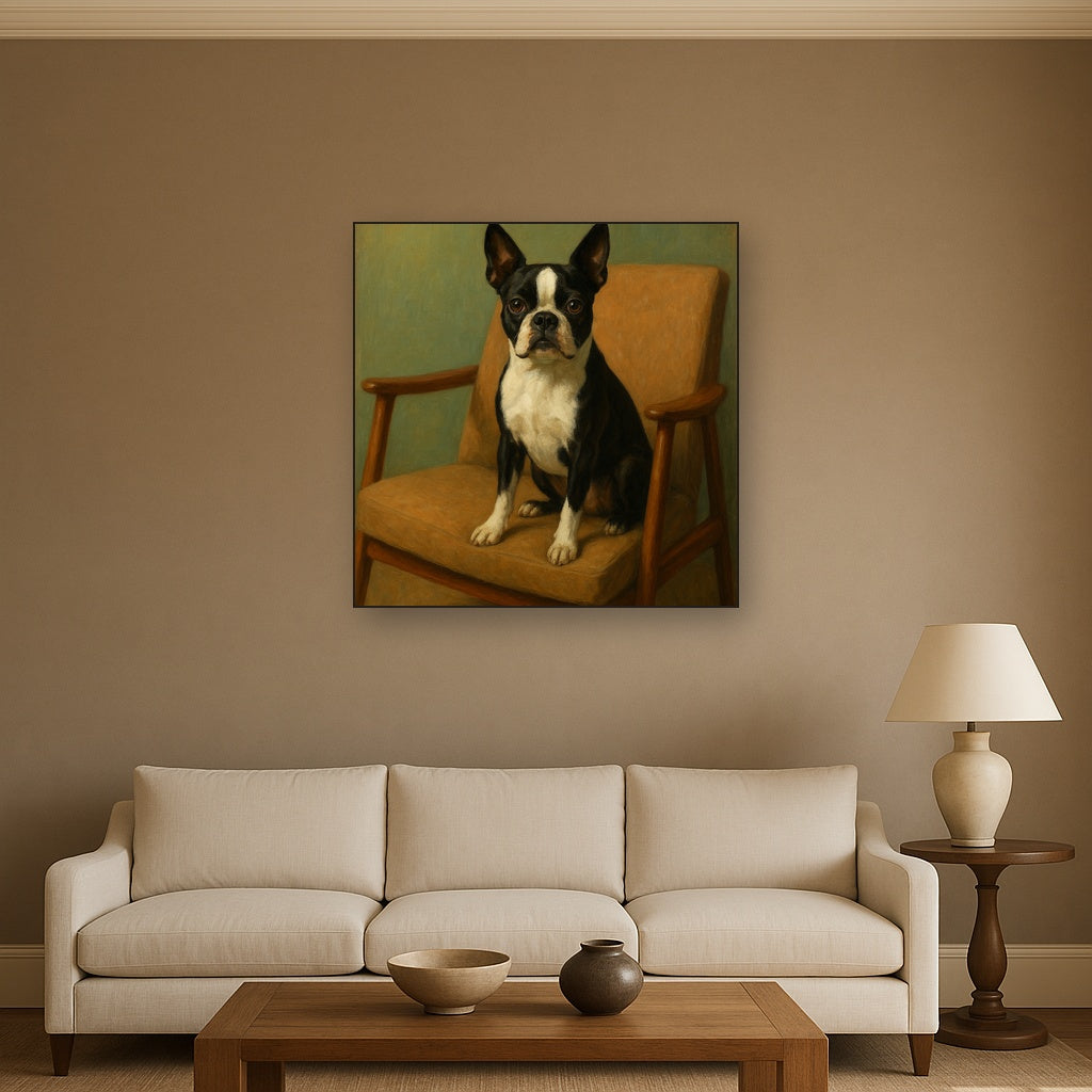 Boston Terrier in Warm Mid-Century Armchair Fine Art Oil Painting - View 2