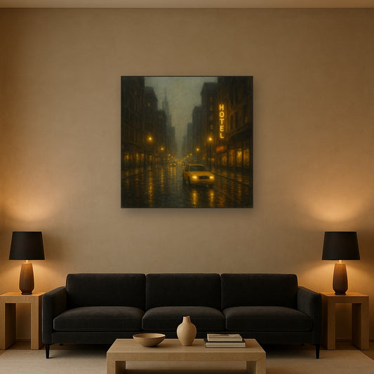 Rain-Drenched Manhattan Avenue Lights No. 29 Oil Painting Staged Above Sectional Sofa in Living Room, Hand Painted Canvas Wall Art for Home Decor