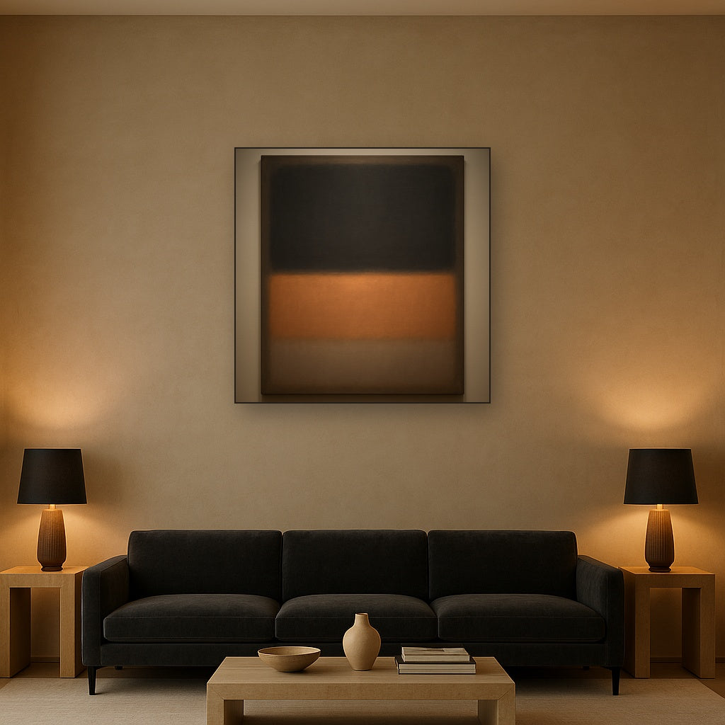 Charcoal Slate & Burnished Copper Horizon No. 21 Oil Painting Staged Above Sectional Sofa in Living Room, Hand Painted Canvas Wall Art for Home Decor