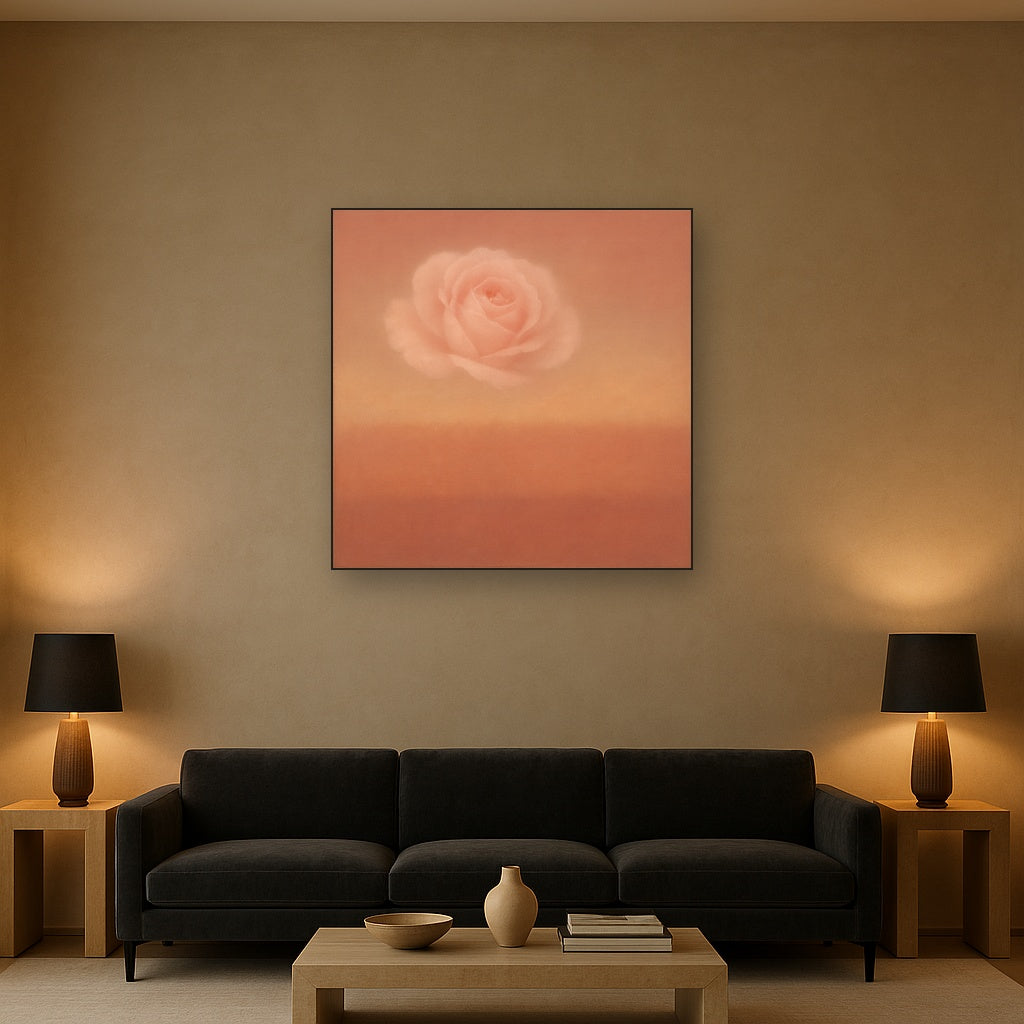 Blush Rose & Dusky Terracotta Ambient Glow No. 13 Oil Painting Staged Above Sectional Sofa in Living Room, Hand Painted Canvas Wall Art for Home Decor
