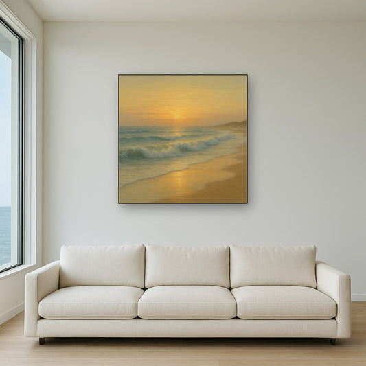 Gentle Breaking Waves & Wet Beach Reflection No. 5 Oil Painting Staged Above Sectional Sofa in Living Room, Hand Painted Canvas Wall Art for Home Decor