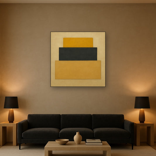 Stacked Horizon Blocks in Mustard & Charcoal No. 18 Oil Painting Staged Above Sectional Sofa in Living Room, Hand Painted Canvas Wall Art for Home Decor