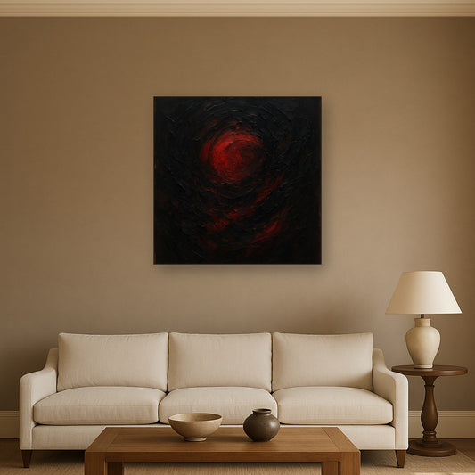 Midnight Onyx & Crimson Eclipse No. 3 Oil Painting - Styled in Modern Living Room