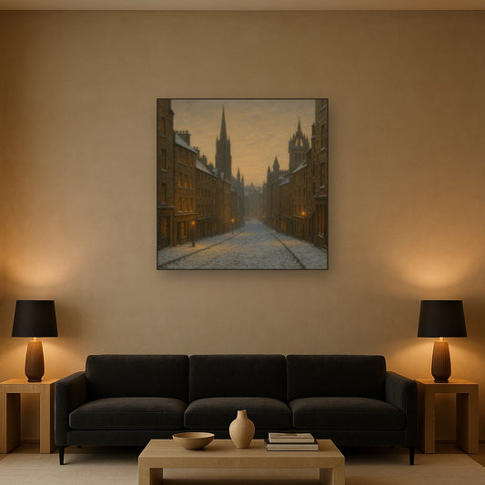 Edinburgh Old Town Royal Mile in Snow No. 29 Oil Painting Staged Above Sectional Sofa in Living Room, Hand Painted Canvas Wall Art for Home Decor