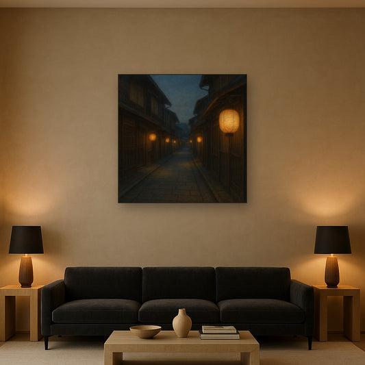 Old Kyoto Gion Alley in Soft Lantern Light No. 29 Oil Painting Staged Above Sectional Sofa in Living Room, Hand Painted Canvas Wall Art for Home Decor