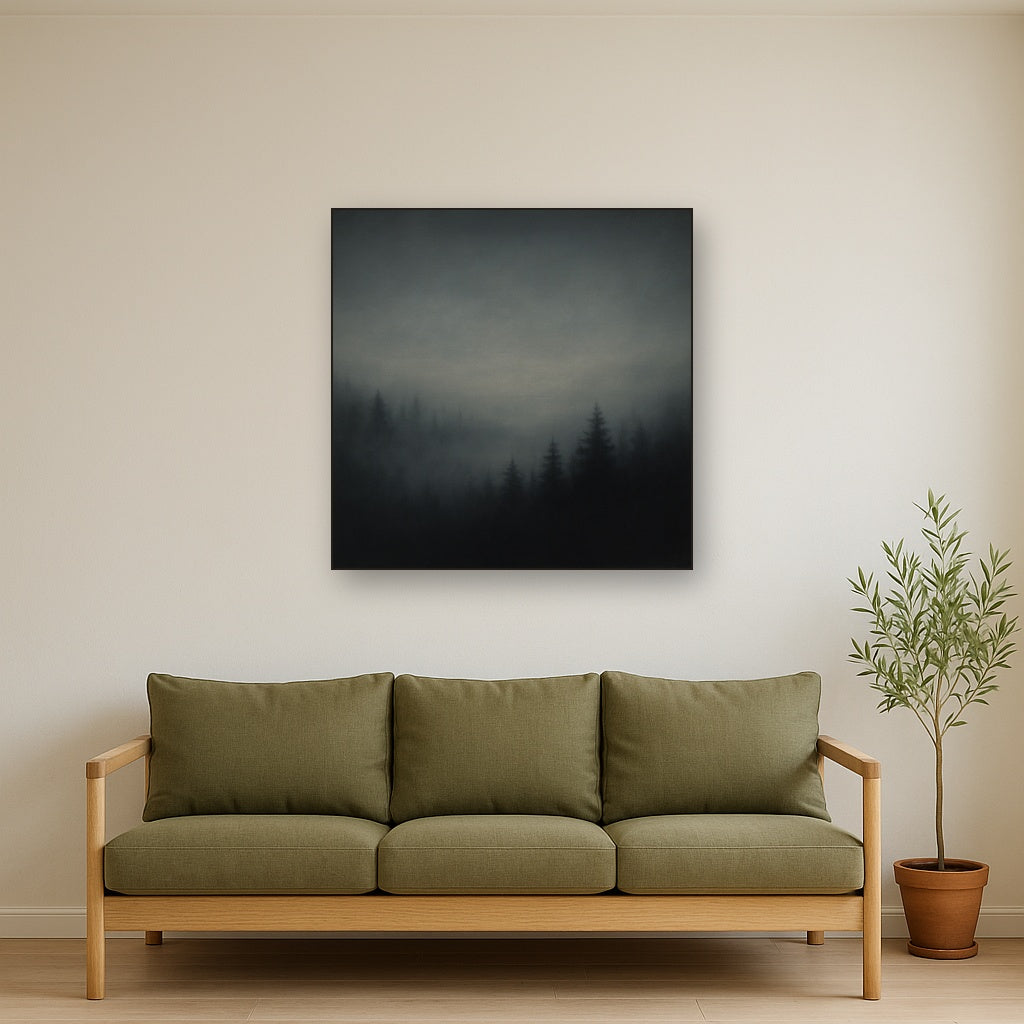 Dusk over Silent Pine Ridgeline in Charcoal Fog Oil Painting Staged Above Sectional Sofa in Living Room, Hand Painted Canvas Wall Art for Home Decor