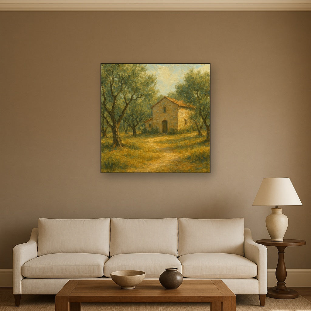 Vintage Olive Grove & Stone Farmhouse No. 4 Oil Painting - Styled in Modern Living Room