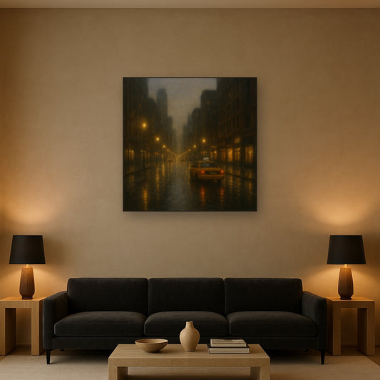 Rain-Drenched Manhattan Avenue Lights No. 30 Oil Painting Staged Above Sectional Sofa in Living Room, Hand Painted Canvas Wall Art for Home Decor