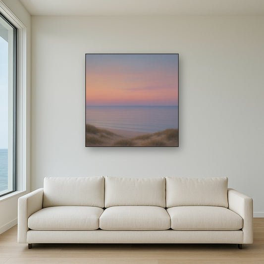 Pastel Dusk Horizon over Calm Atlantic Waters No. 20 Oil Painting Staged Above Sectional Sofa in Living Room, Hand Painted Canvas Wall Art for Home Decor