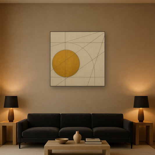 Abstract Tangent Lines & Earthy Ochre Disc No. 7 Oil Painting Staged Above Sectional Sofa in Living Room, Hand Painted Canvas Wall Art for Home Decor