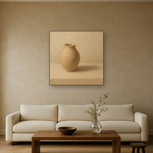 Organic Clay Vessel & Solitary Shadow No. 7 Oil Painting Staged Above Sectional Sofa in Living Room, Hand Painted Canvas Wall Art for Home Decor