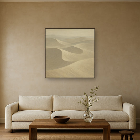 Monochrome Sand Dune Contours & Pale Slate No. 3 Oil Painting Staged Above Sectional Sofa in Living Room, Hand Painted Canvas Wall Art for Home Decor